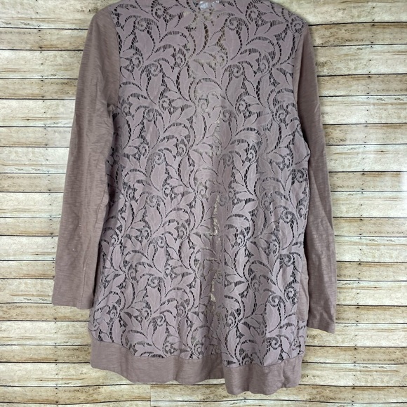 LOGO by Lori Goldstein Tan Taupe Lace Open Front Cardigan large - Picture 2 of 6